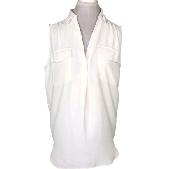 Ann Taylor White Collared V NECK Sleeveless Tunic Blouse Size Large - Picture 1 of 9